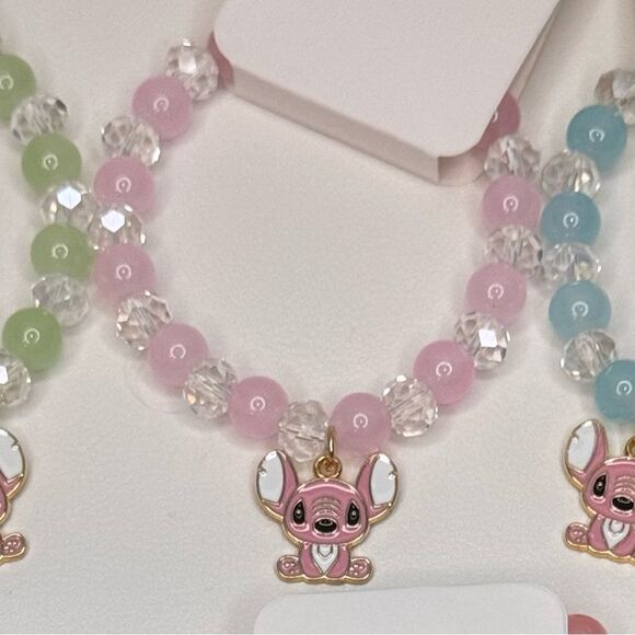 Colorful Kids Beaded Stretch Bracelet Pink beads green charm - Picture 6 of 7